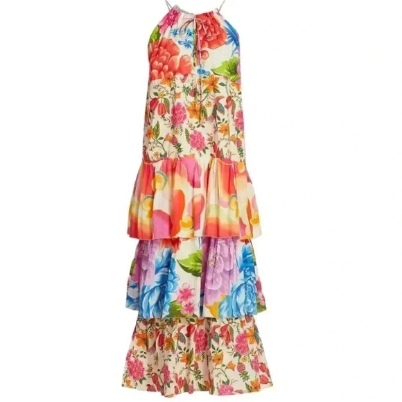 NWT Farm Rio White Mixed Prints Tiered Maxi Dress Tropical Cotton Size Small - Picture 2 of 13